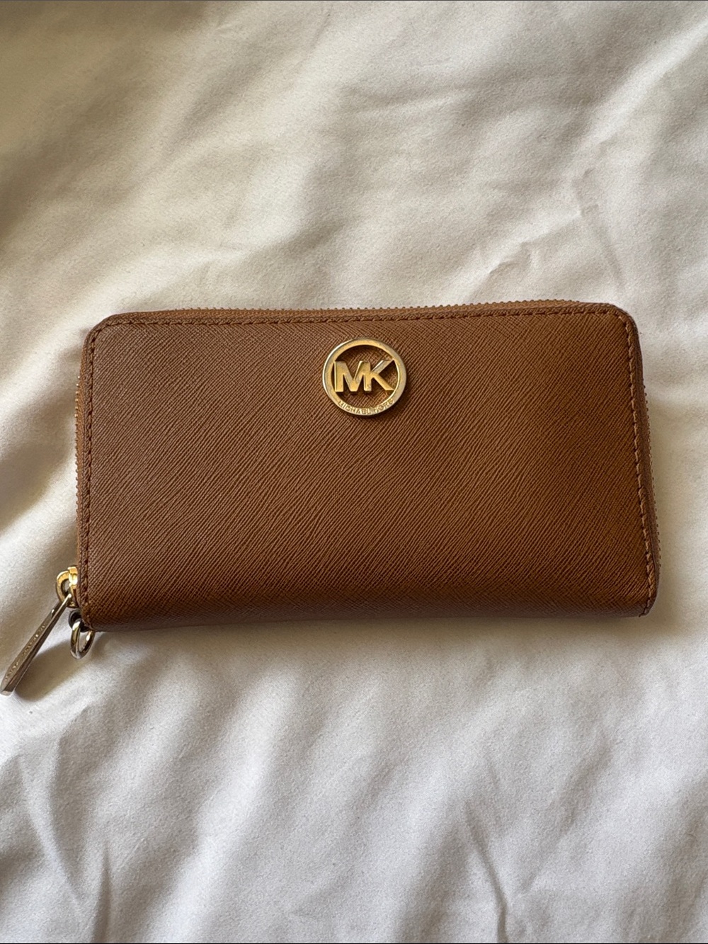 Michael Kors Cognac Saffiano Zip Wallet with Gold MK Emblem